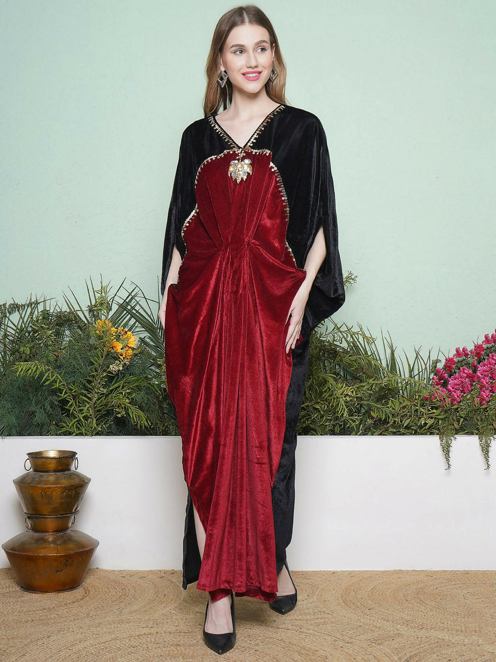 Luxurious black and maroon hand-embellished velvet gown