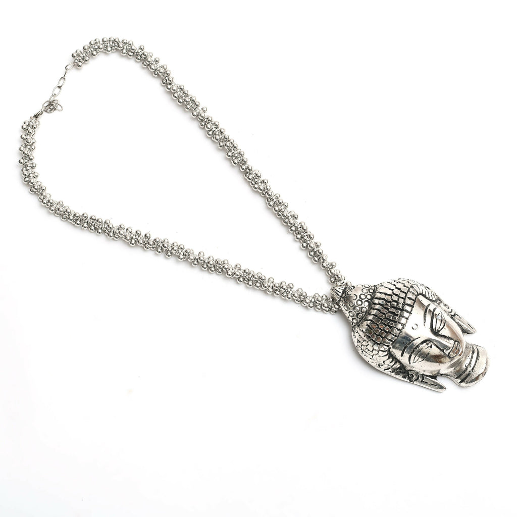 Silver-Plated Budha Long Necklace for Women Oxidised Jewelry