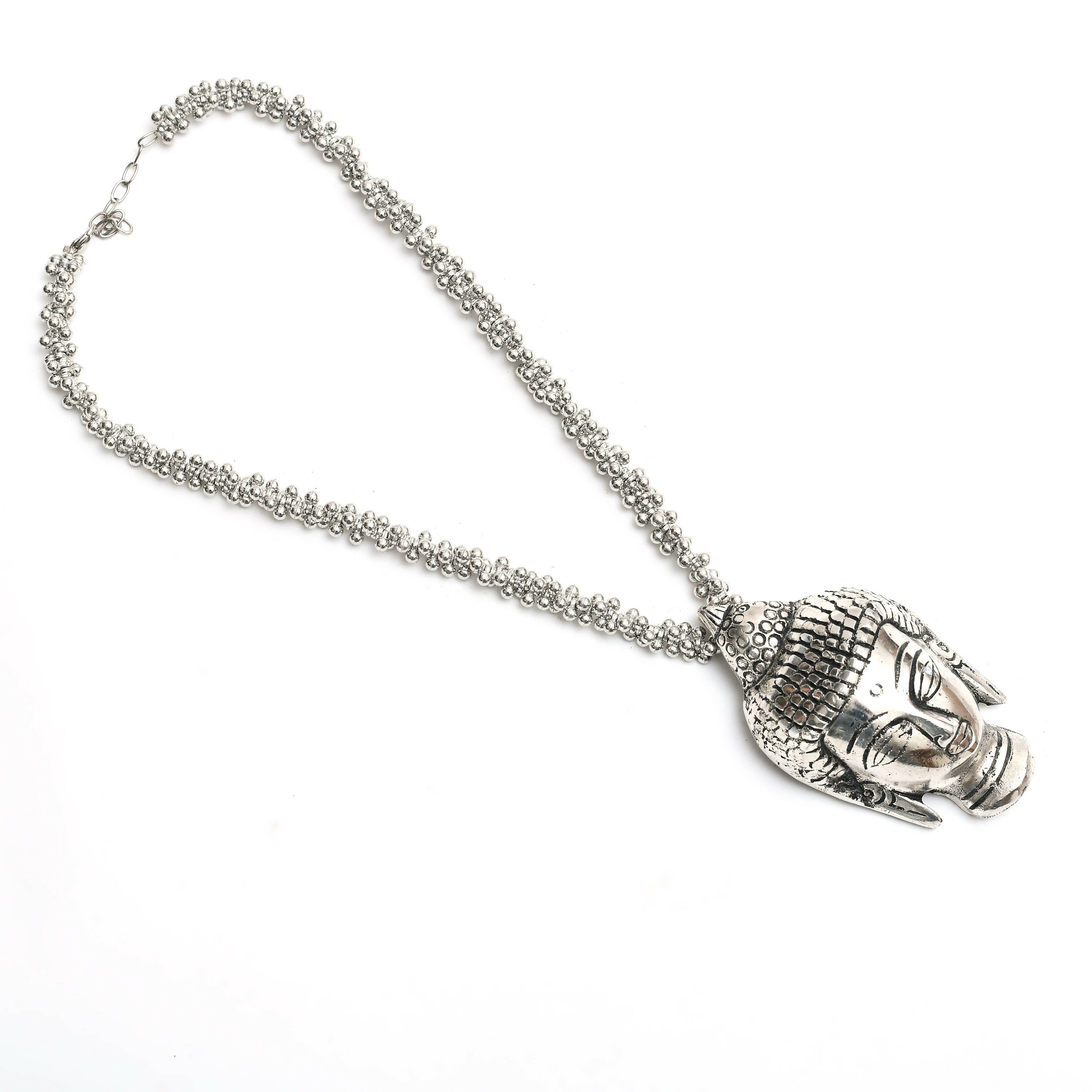 Silver-Plated Budha Long Necklace for Women Oxidised Jewelry