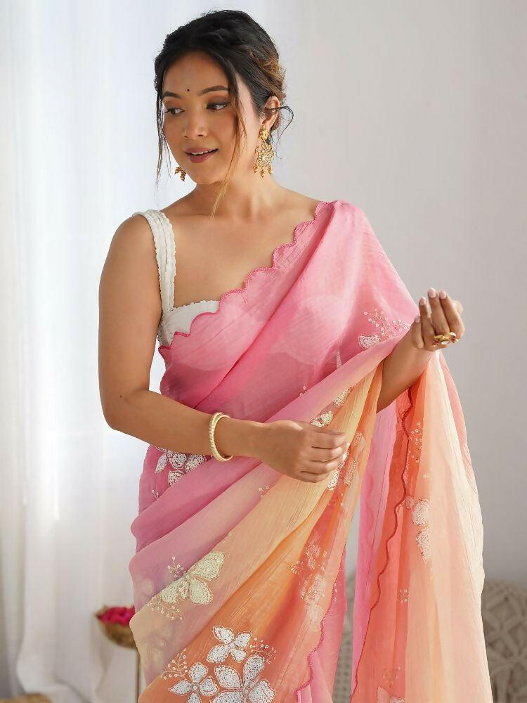 Pink and Orange Gold Crush Embroidery Saree with Blouse Piece