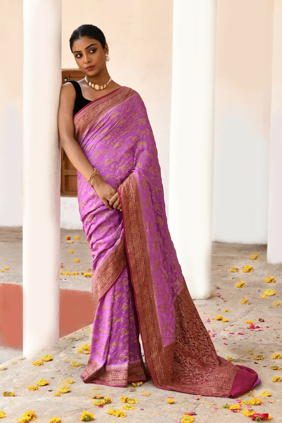 Hot Pink Crepe Chiffon Handloom Banarasi Silk Saree