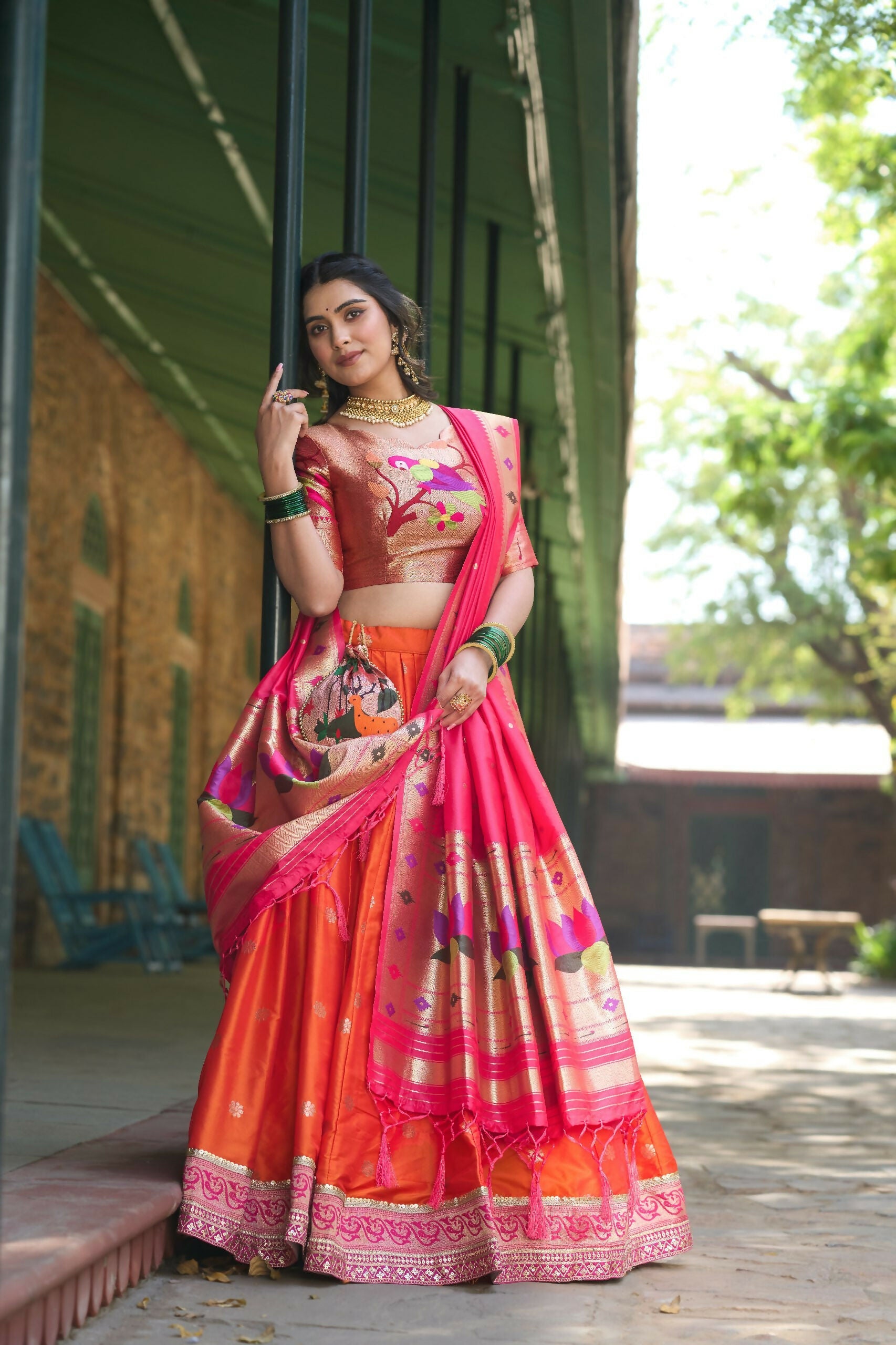 Red Paithani Lehenga Choli Set in Jacquard Silk for Festive Wear