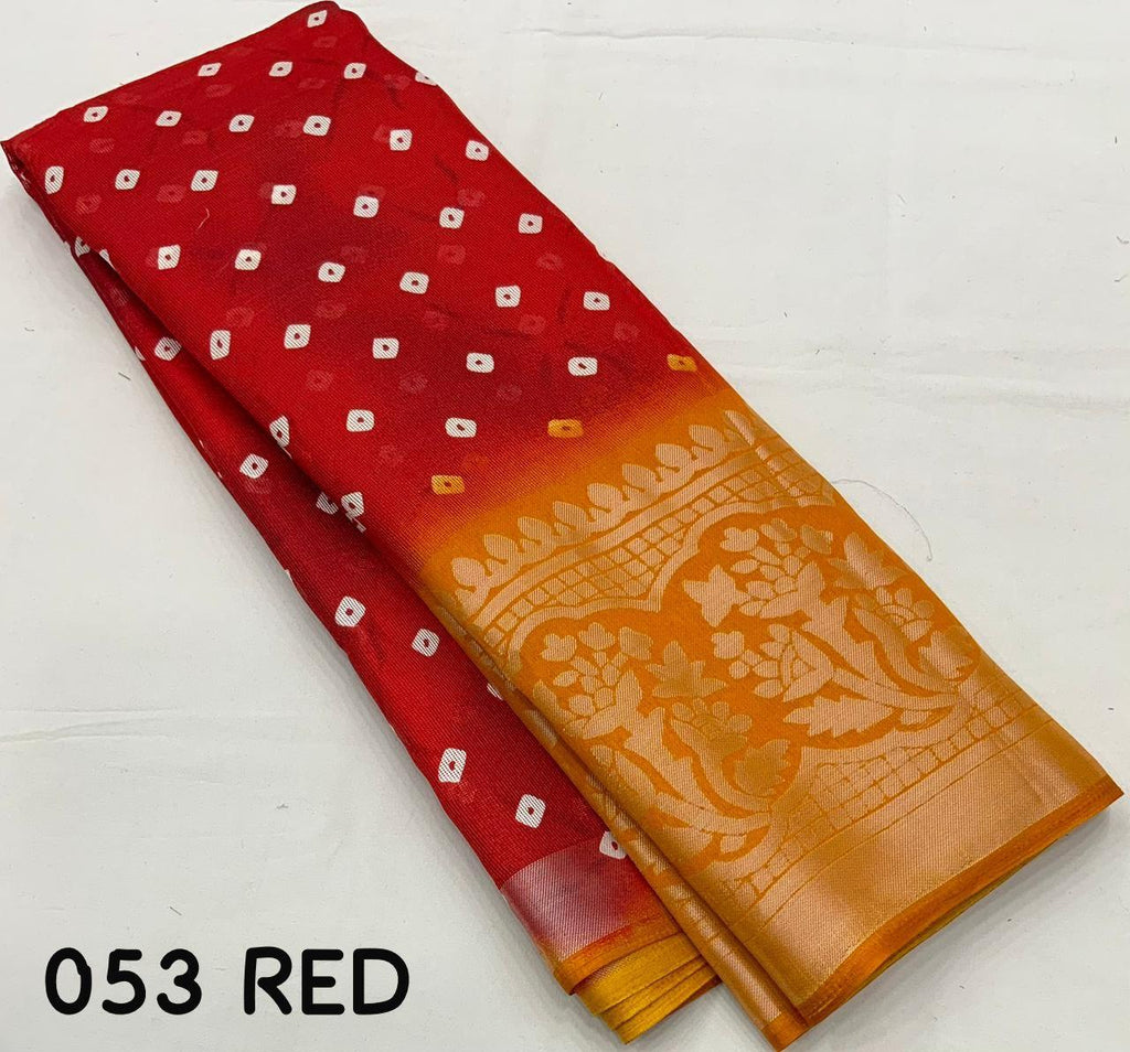 Red Jute Silk Bandhani Print Saree with Unstitched Blouse