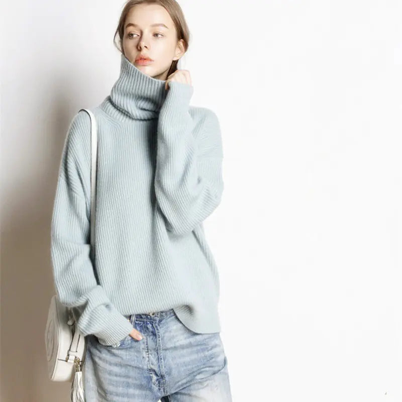 Women's Thick Ribbed Turtleneck Cashmere Blend Sweater - Image 6