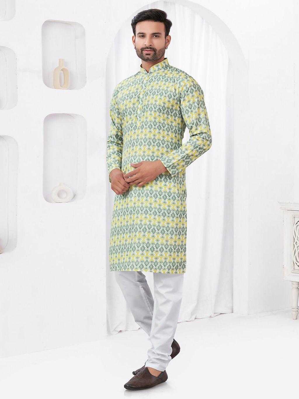 Boys Yellow Printed Rayon Cotton Kurta Pyjama Ethnic Set
