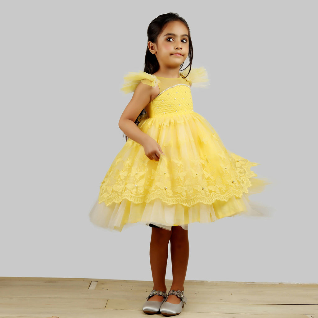 Yellow Lace and Net Layered Dress with Frill Sleeves