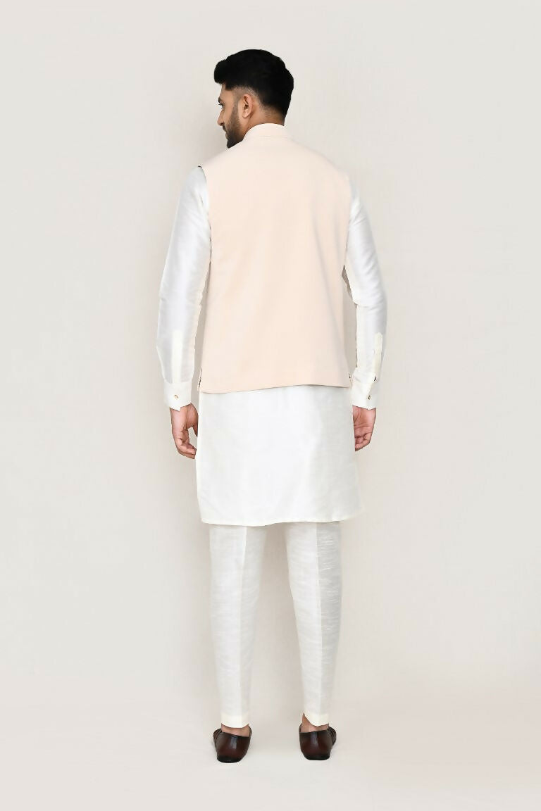 Classic White Art Silk Kurta, Jacket and Straight Pant Set