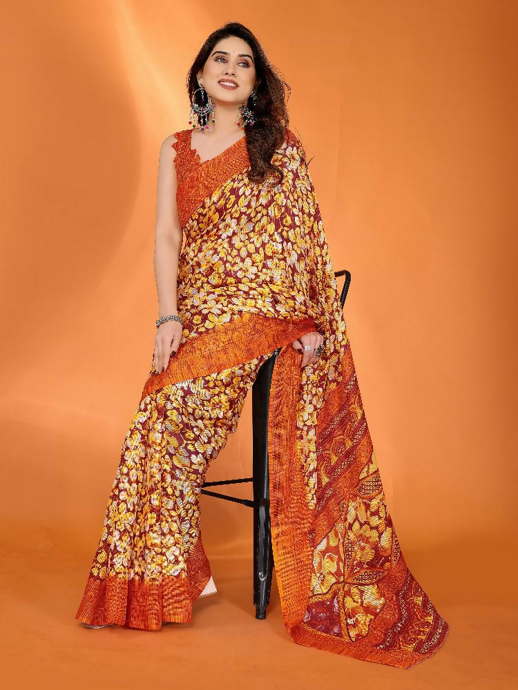 Vibrant Orange Kota Doria printed saree with breathable checkered fabric