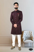 Boys wine colored kurta with all-over sequence embroidery and matching pyjama trousers