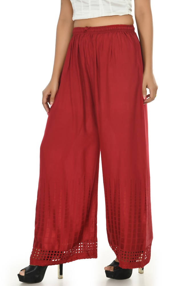 Maroon Rayon Cotton Palazzo with intricate cut-work detail and string closure