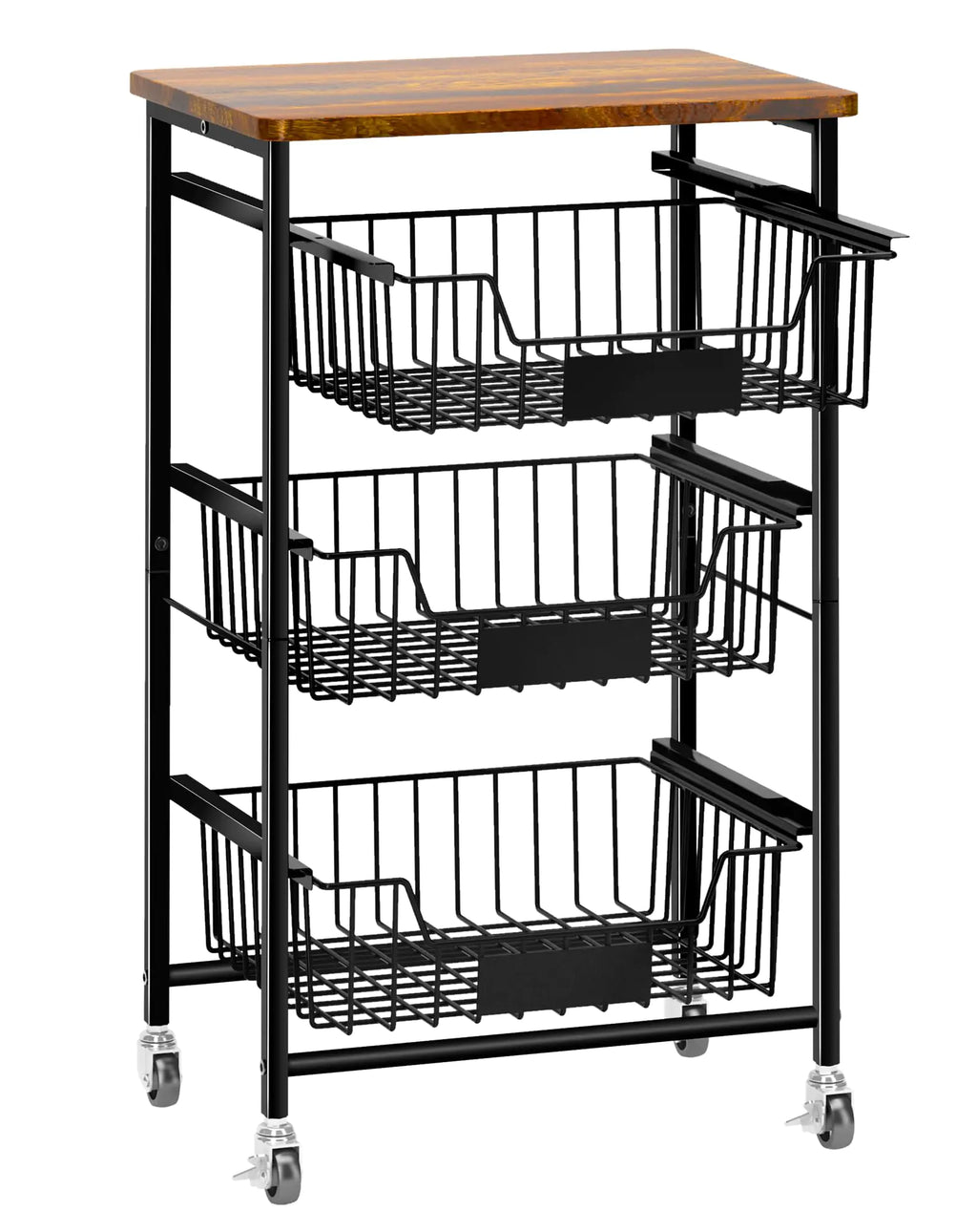 OKZEST 4-Tier Small Kitchen Storage Cart on Wheels Metal Fruit Basket Stand with Pull-Out Baskets & Wood Top for Potato Onion Produce Snack Veggies