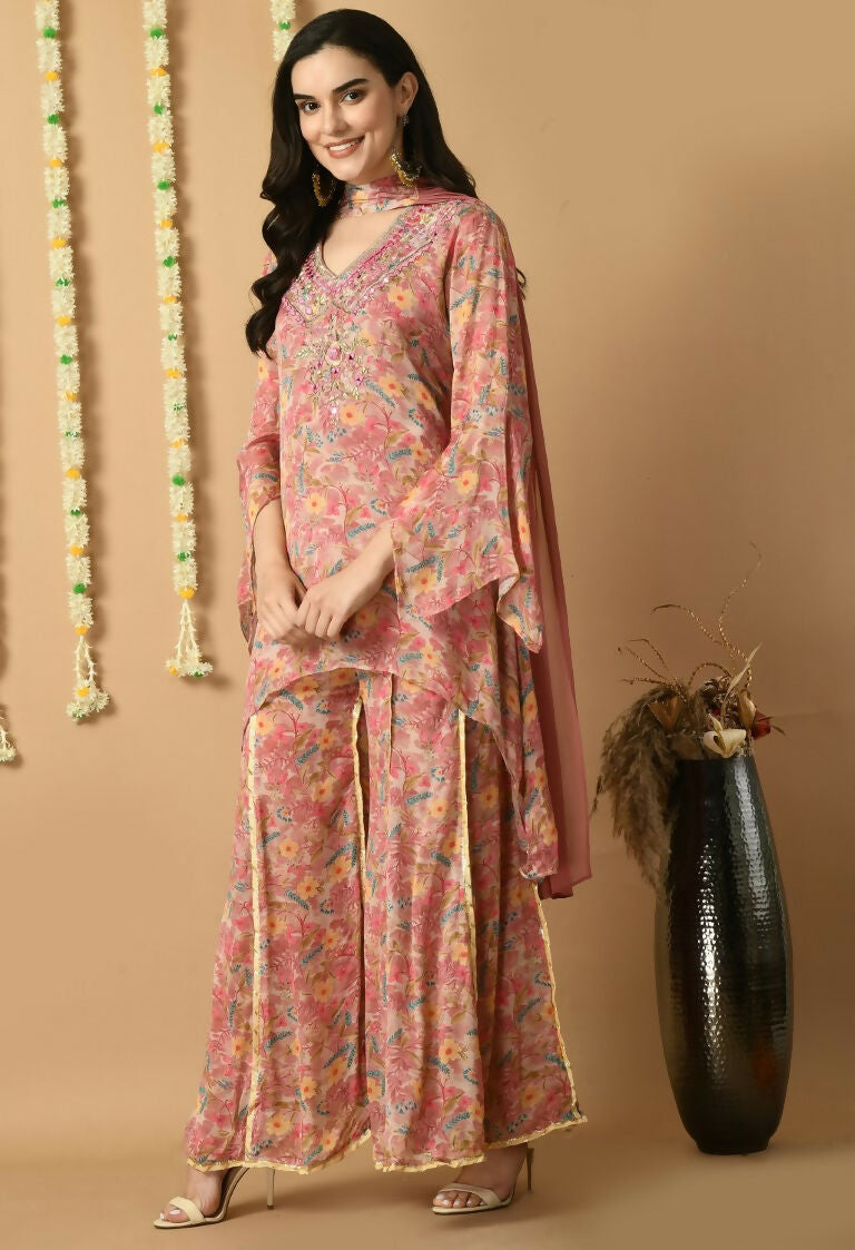 Rose Gold Chinnon Kurta Set with Organza Dupatta