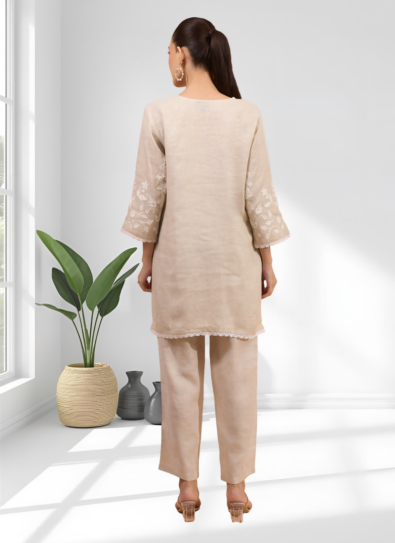 Beige Linen Embroidered Cord Set with V-Neck