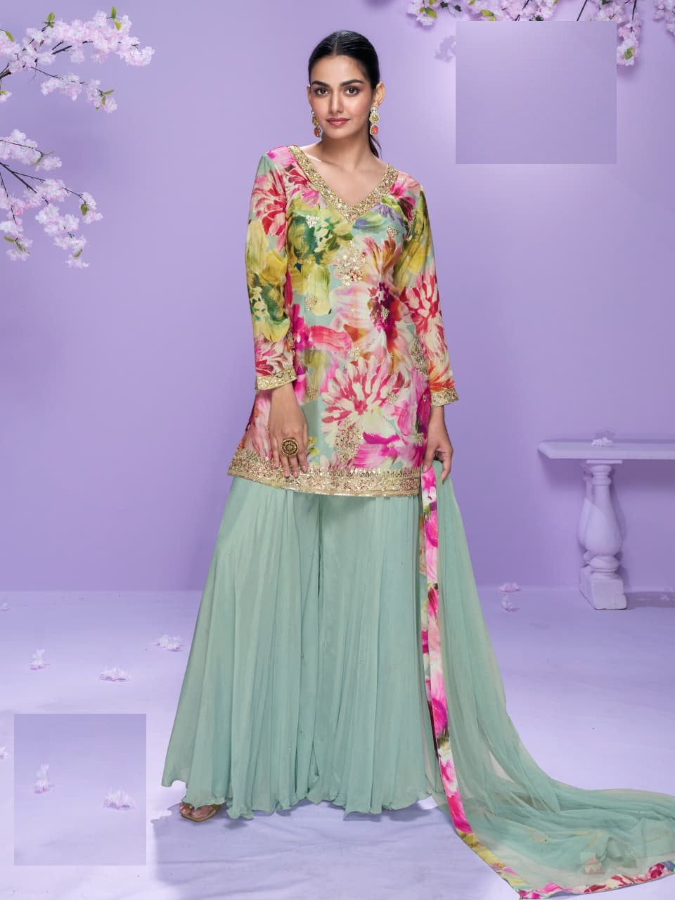 Aarshi Fashions Mint Green floral print silk straight kurta with matching palazzo pants