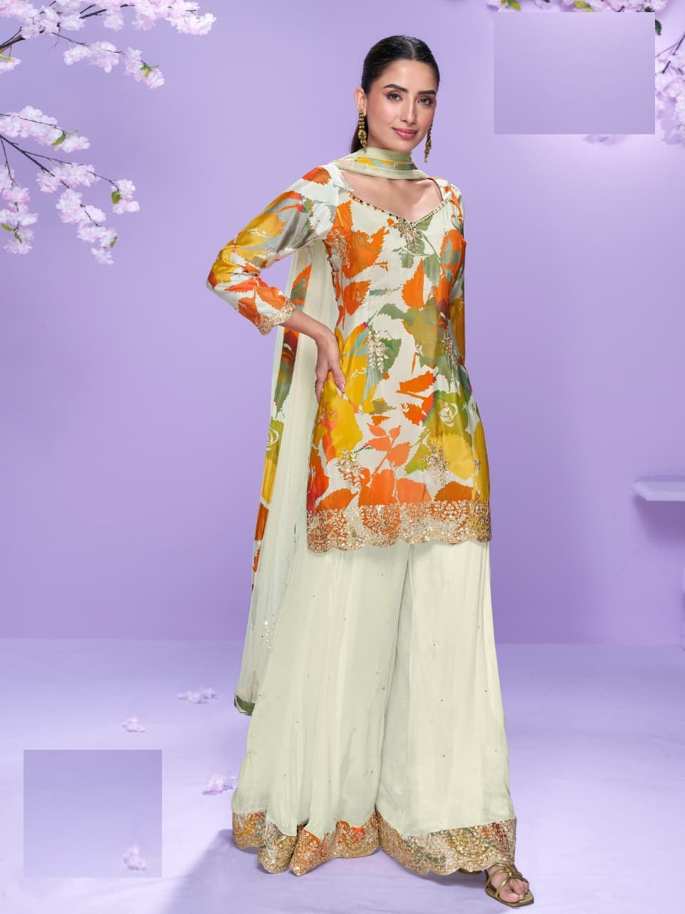 Aarshi Fashions white floral print silk straight kurta with matching palazzo pants