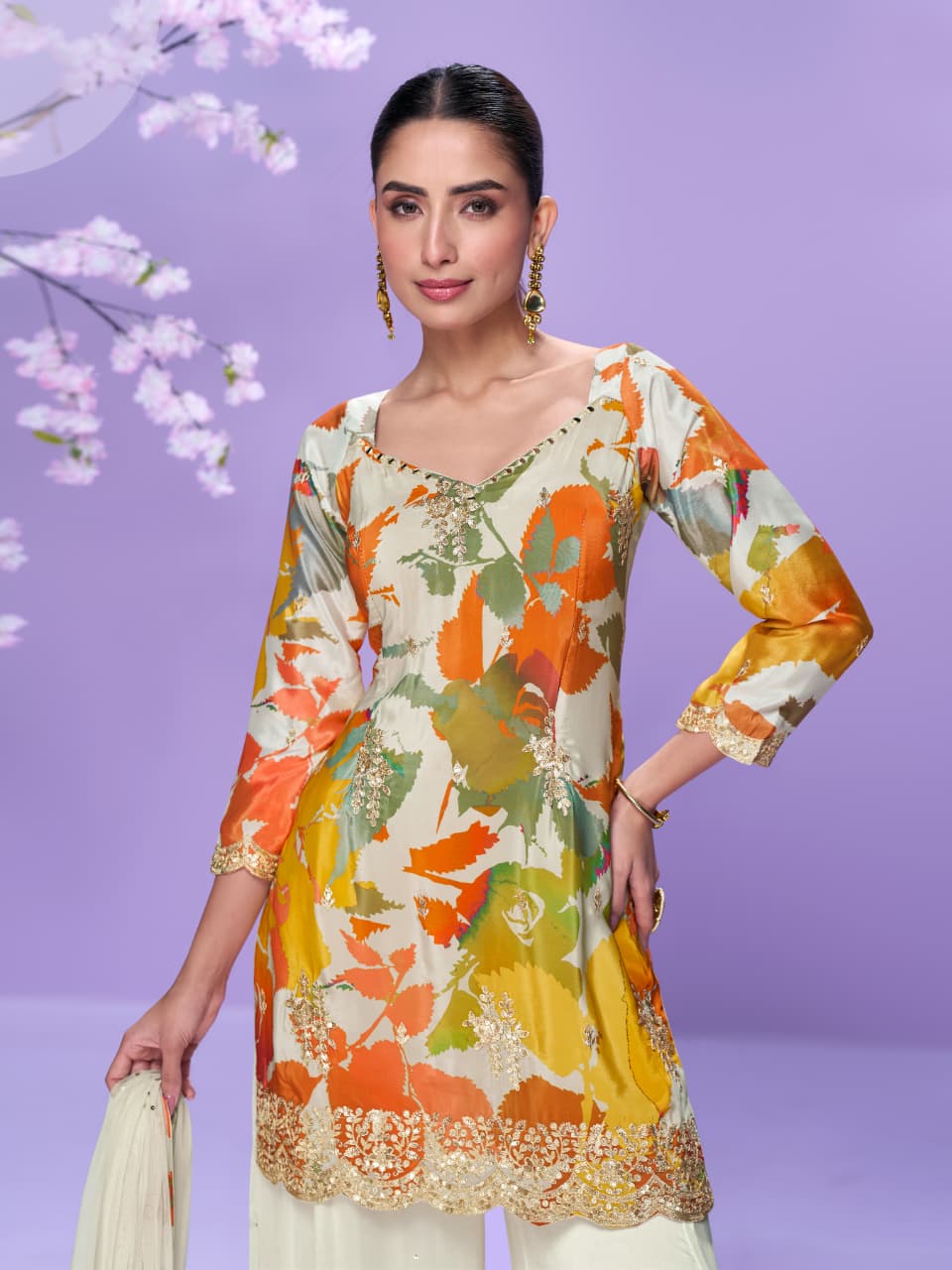 White Floral Print Straight Kurta and Palazzo Suit Set