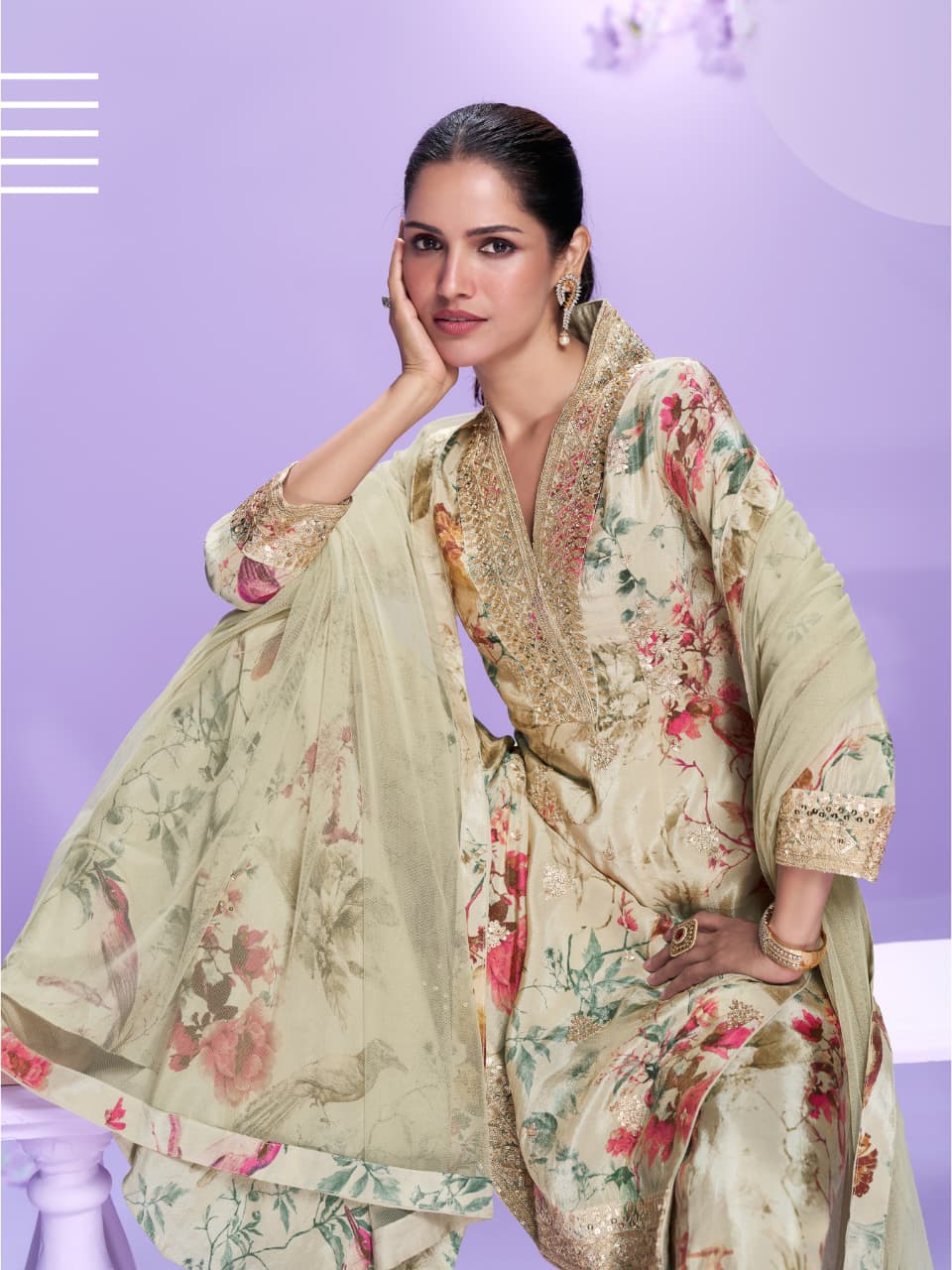 Pale Yellow Floral Print Silk Palazzo Suit Set with Straight Kurta