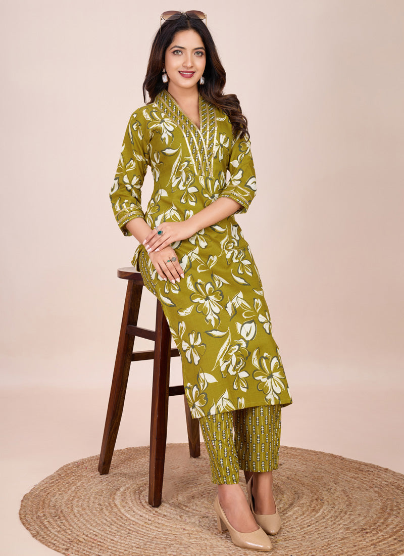 Mahendi Printed Cotton Blend Kurta and Matching Pant Set