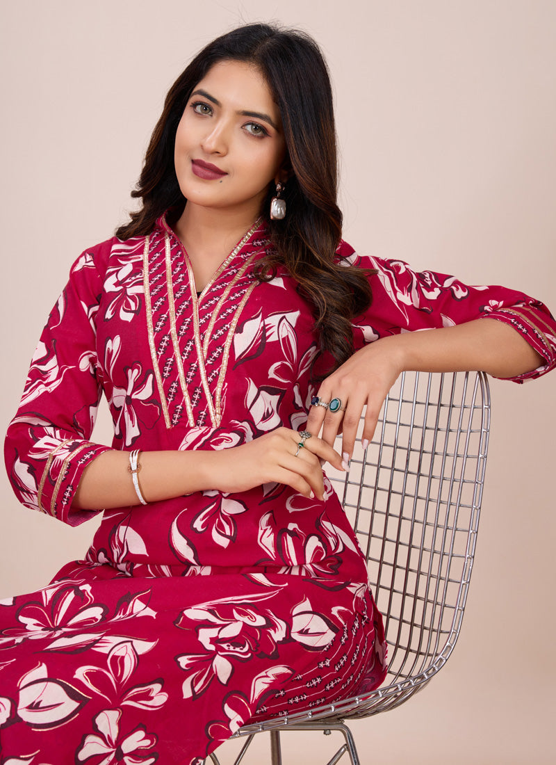 Pink Printed Cotton Blend Kurta Pant Set for Women
