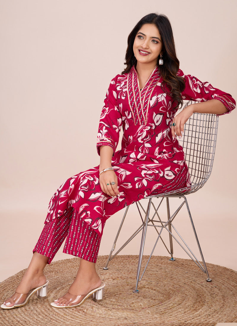 Pink Printed Cotton Blend Kurta Pant Set for Women