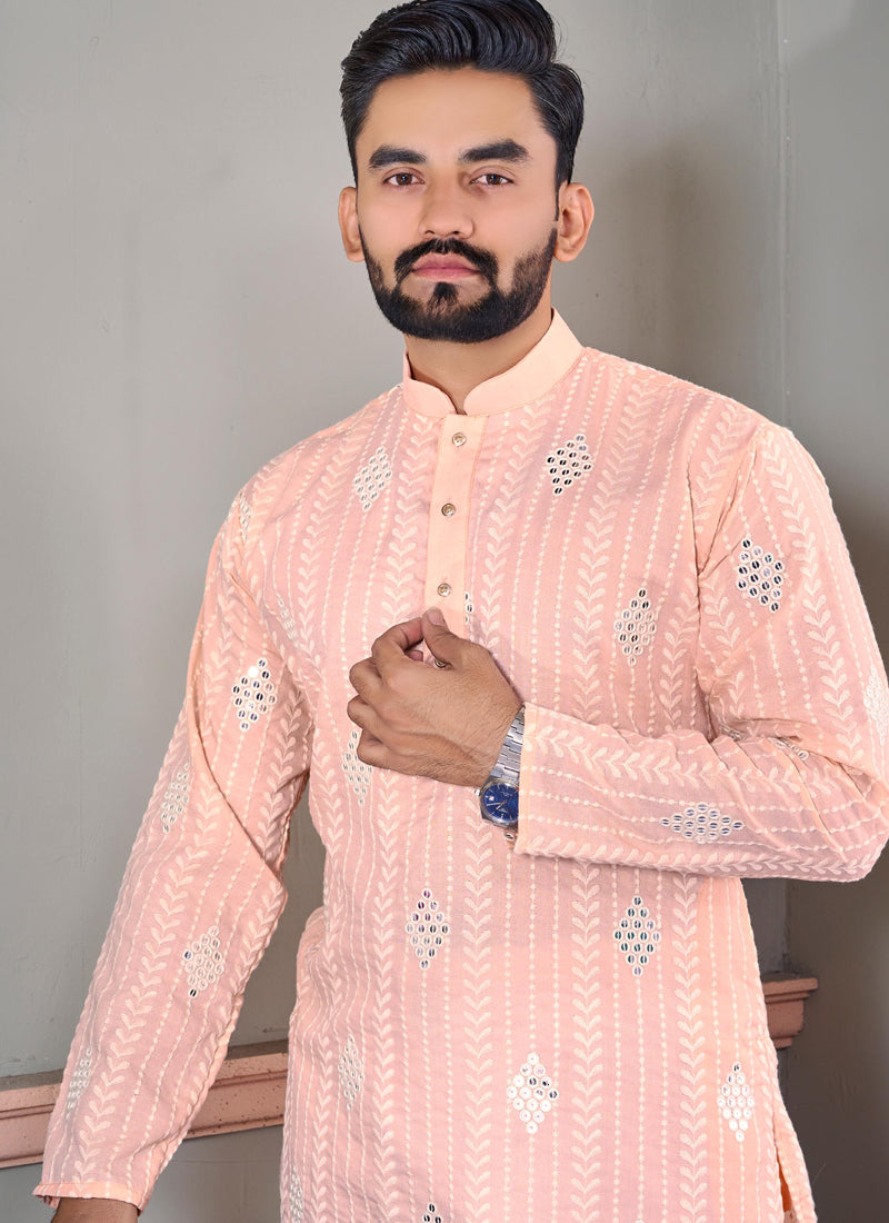 Light Peach Linen Embroidered Kurta for Men