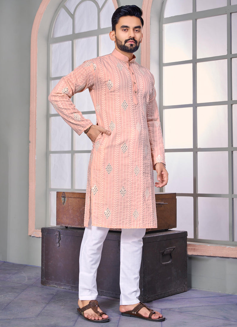 Close-up view of a Light Peach Linen Embroidered Kurta for men