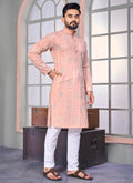 Close-up view of a Light Peach Linen Embroidered Kurta for men