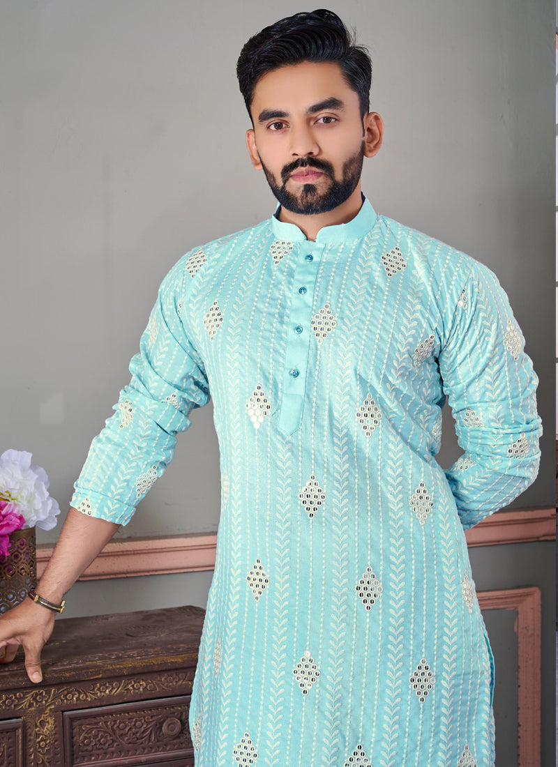 Sky Blue Linen Embroidered Kurta for Men