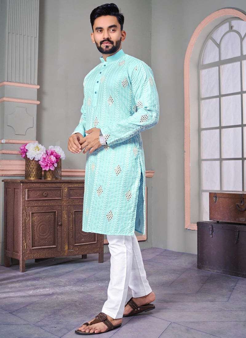 Sky Blue Linen Embroidered Kurta featuring detailed craftwork