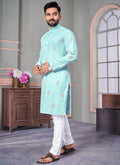 Sky Blue Linen Embroidered Kurta featuring detailed craftwork