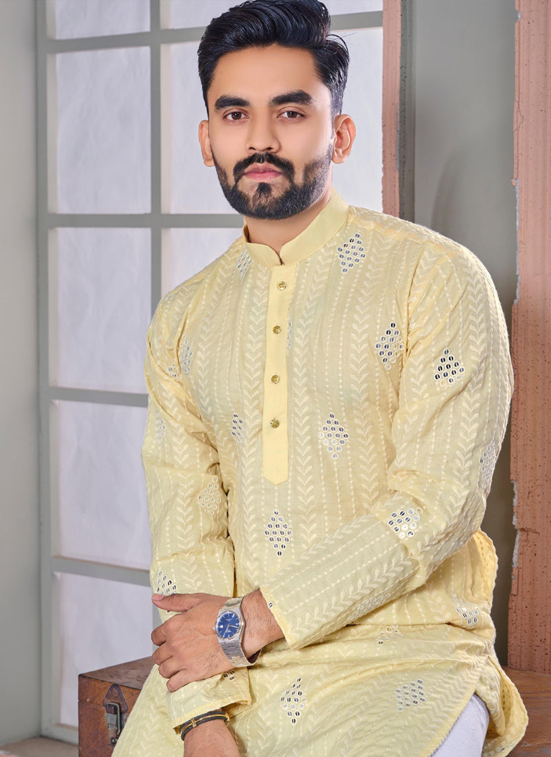Men's Yellow Linen Embroidered Kurta for Festive Occasions