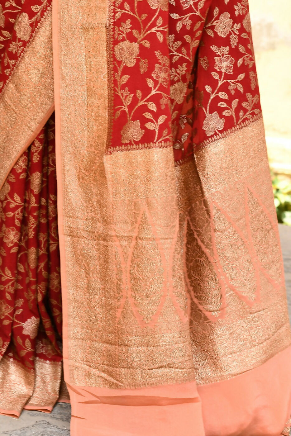 Red Crepe Chiffon Handloom Banarasi Silk Saree
