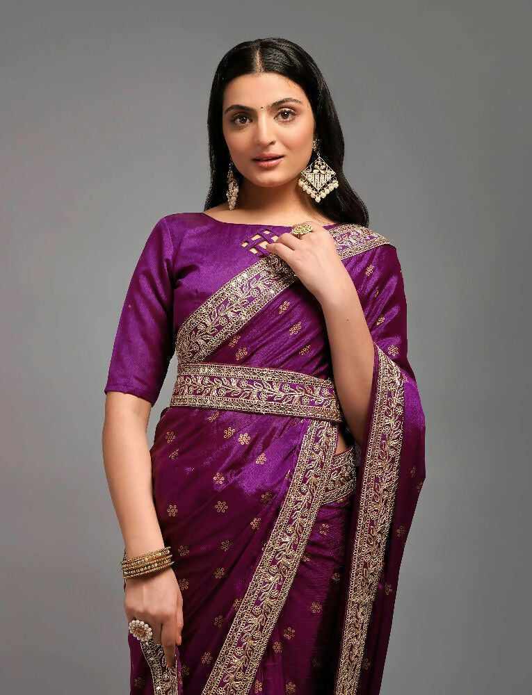 Wine colored Chinon saree with delicate embroidery and lace work detailing