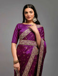Wine colored Chinon saree with delicate embroidery and lace work detailing