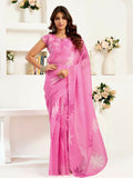 Pink floral print linen ready-to-wear saree with matching unstitched blouse piece