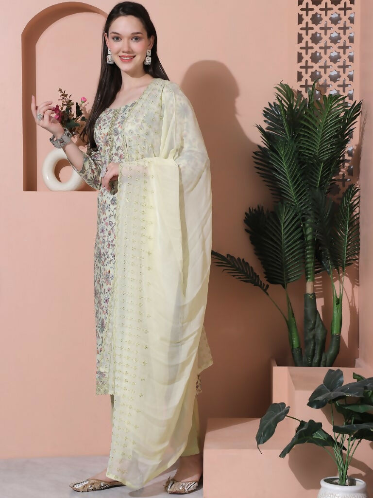 Green Cotton Floral Print Straight Kurta Set with Dupatta