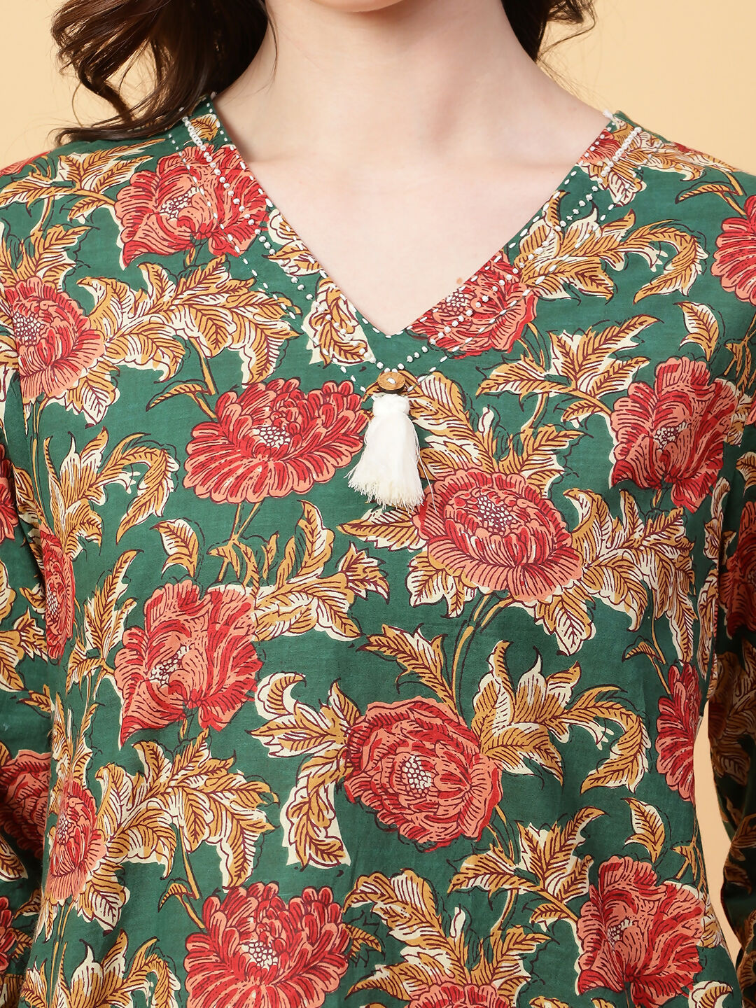 Green Printed Cotton Co-ord Set with Hand Work Detail