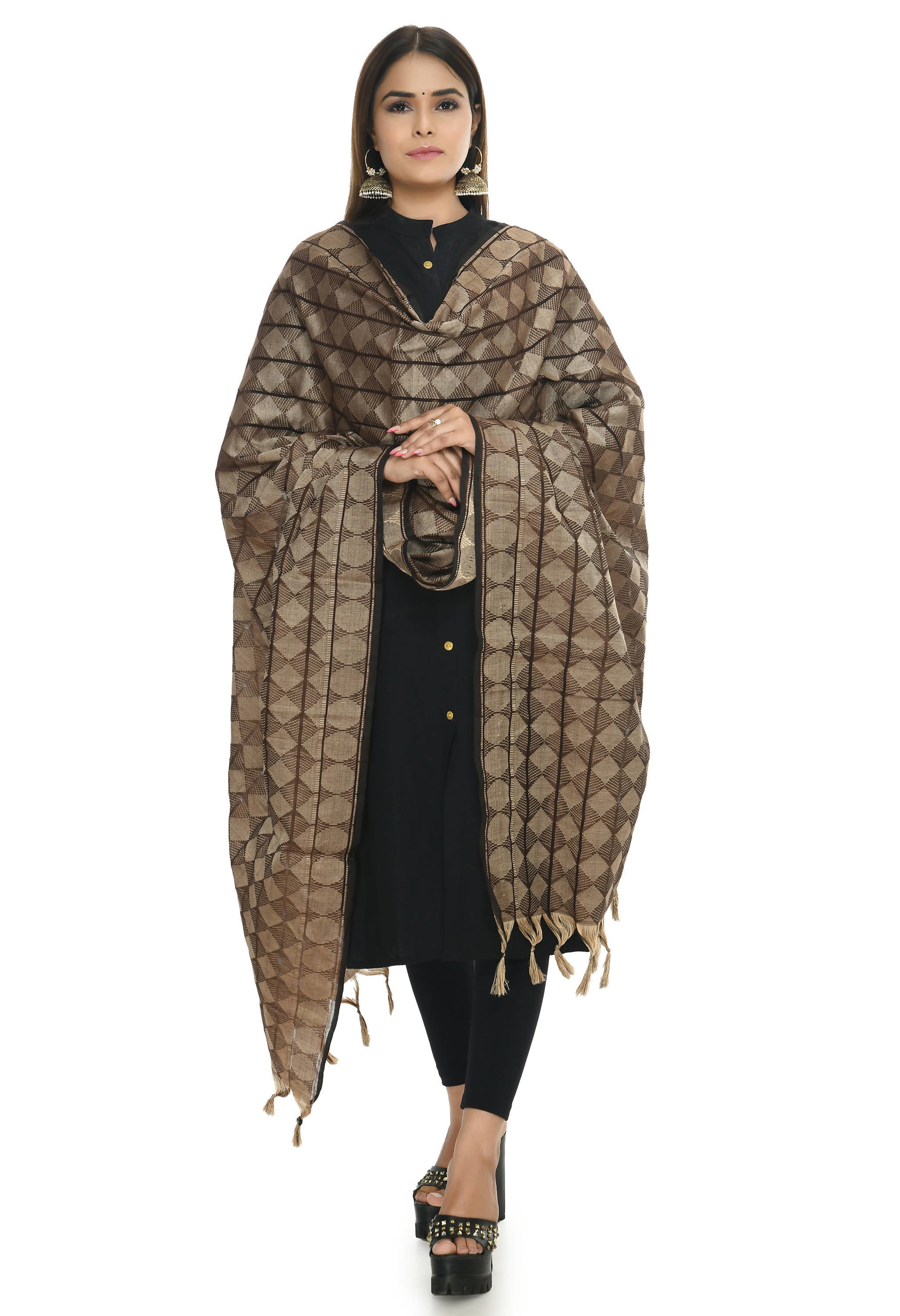 Coffee color handloom cotton dupatta displayed against a neutral background