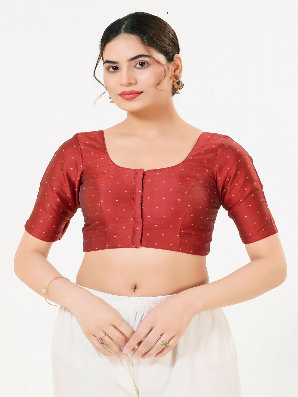 Dark-Red Taffeta Silk sleeveless blouse with round neck and front-open style