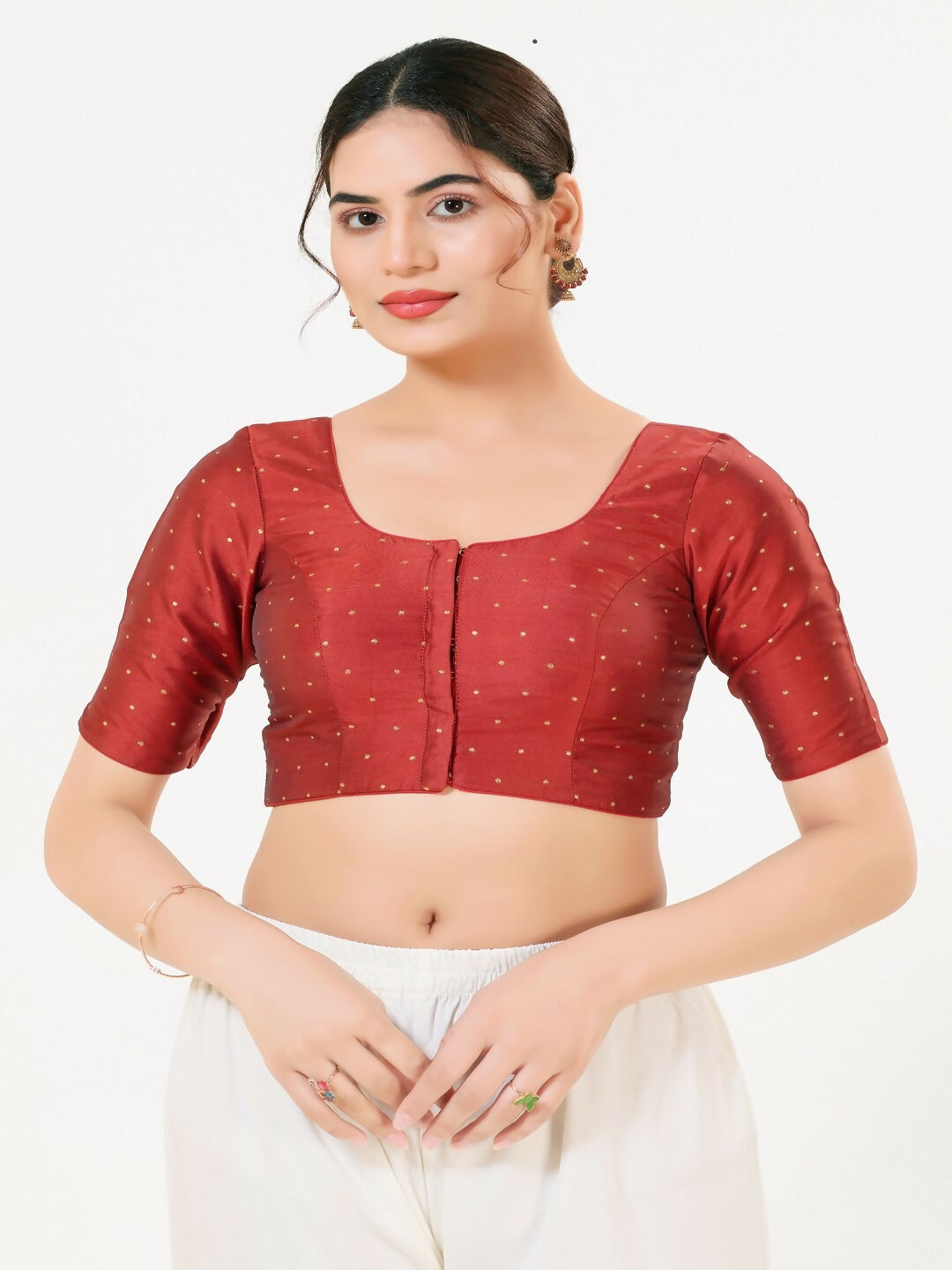 Dark-Red Taffeta Silk sleeveless blouse with round neck and front-open style