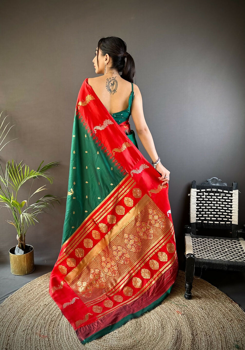 Red Peacock Butti Banarasi Silk Saree with Unstitched Blouse