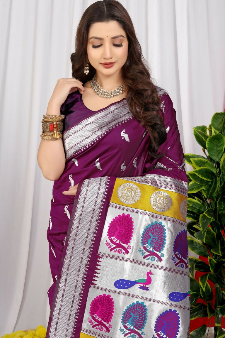 Wine Paithani Silk Zari Woven Traditional Saree with Blouse