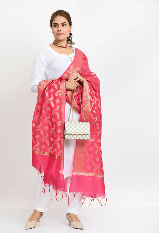 Pink Floral Woven Design Banarasi Silk Dupatta