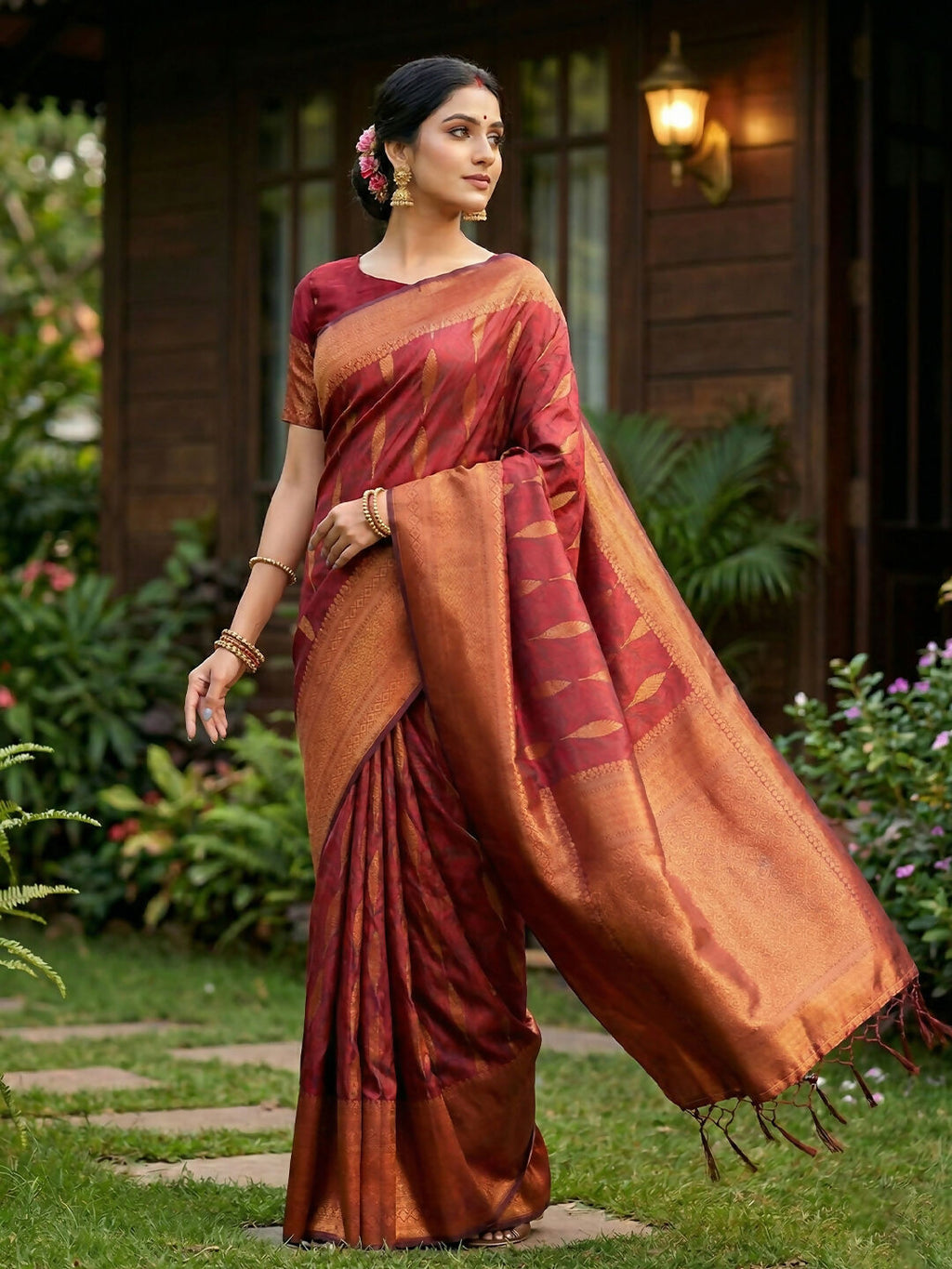 Maroon Silk Blend Saree with Matching Blouse Fabric