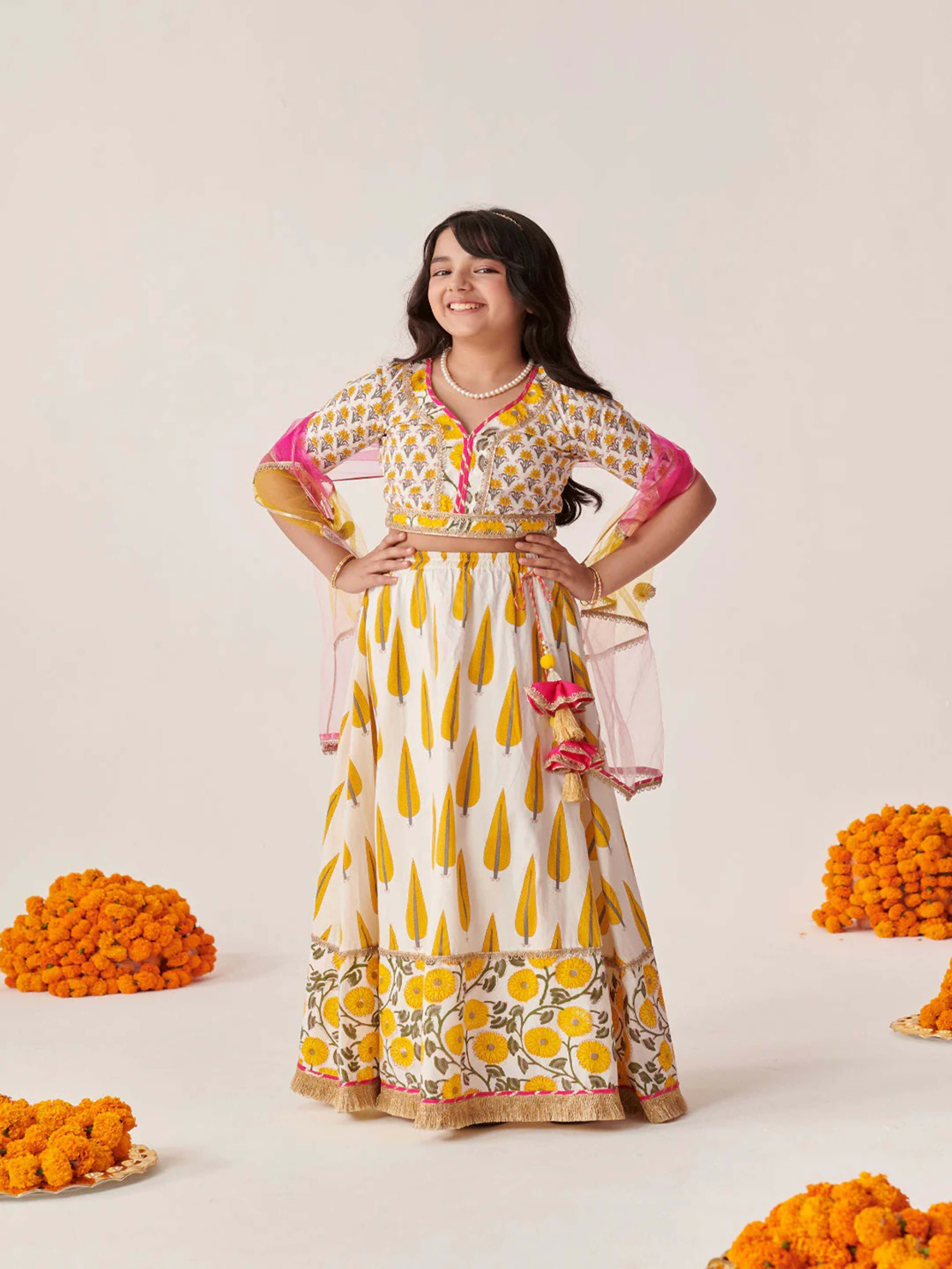 Joban Fashion Girl's Yellow & White Color Lehenga Choli