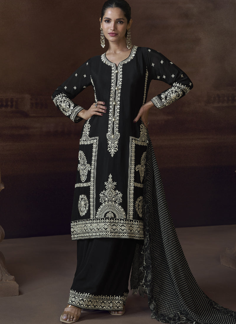 Black Chinon Silk designer palazzo suit with rich embroidery