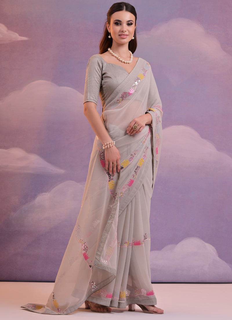 Beige Soft Georgette Saree with Delicate Sequence Work