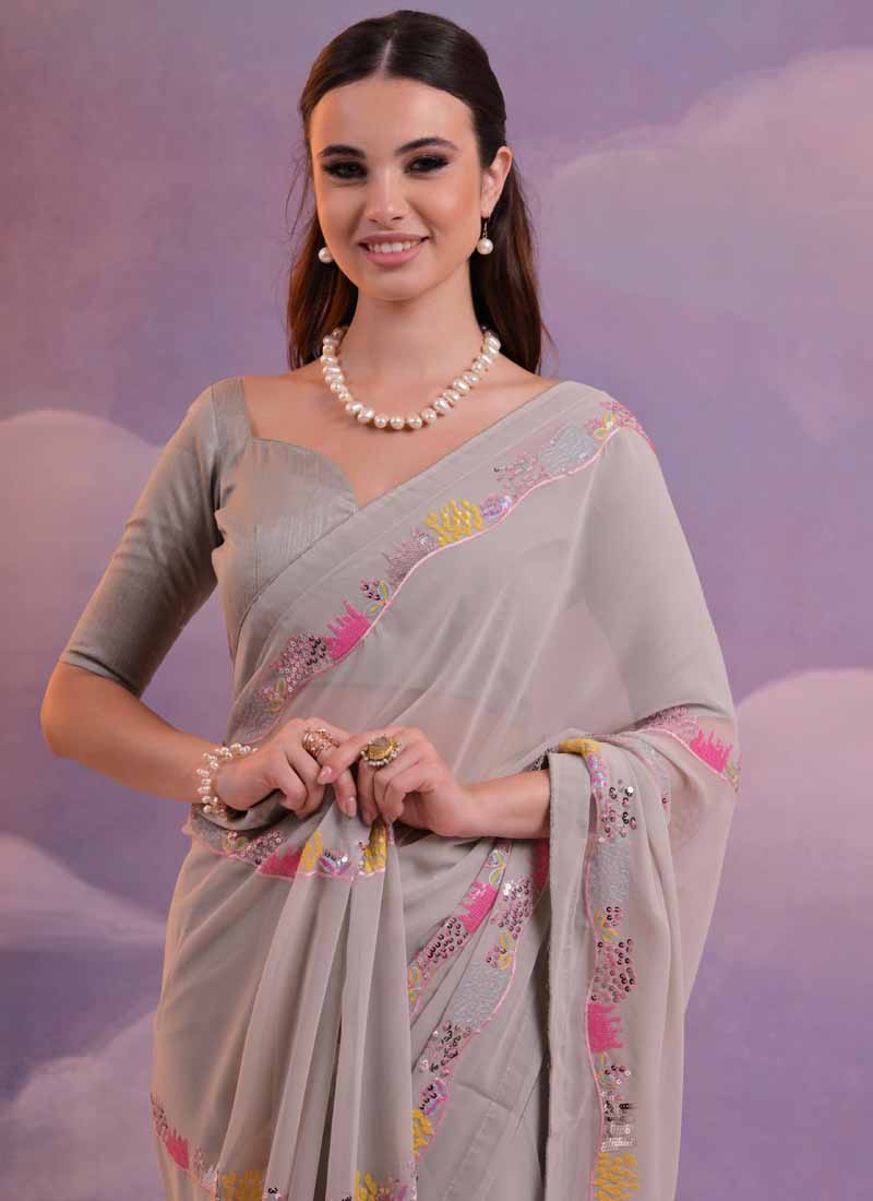 Beige Soft Georgette Saree with Delicate Sequence Work