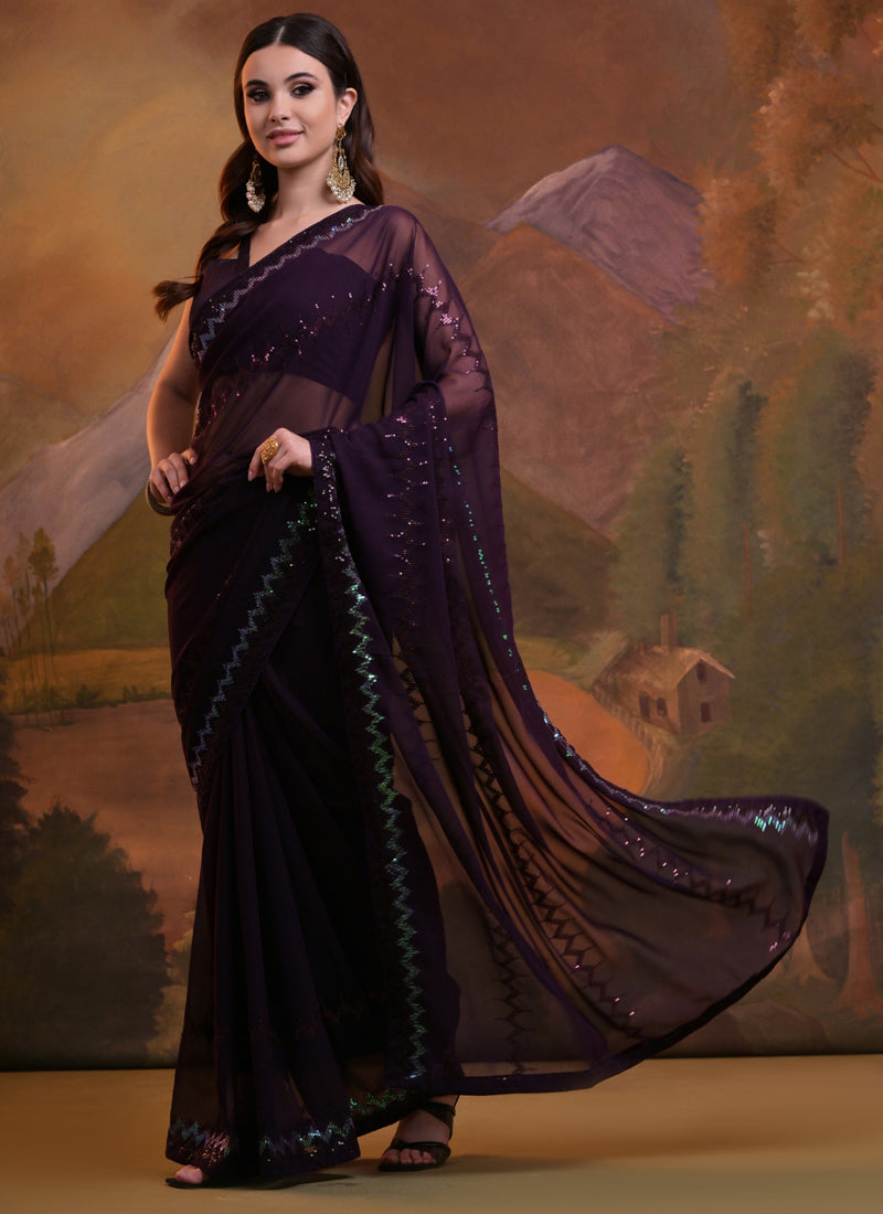 Wine Soft Georgette Sequin Embroidered Saree for Special Occasions