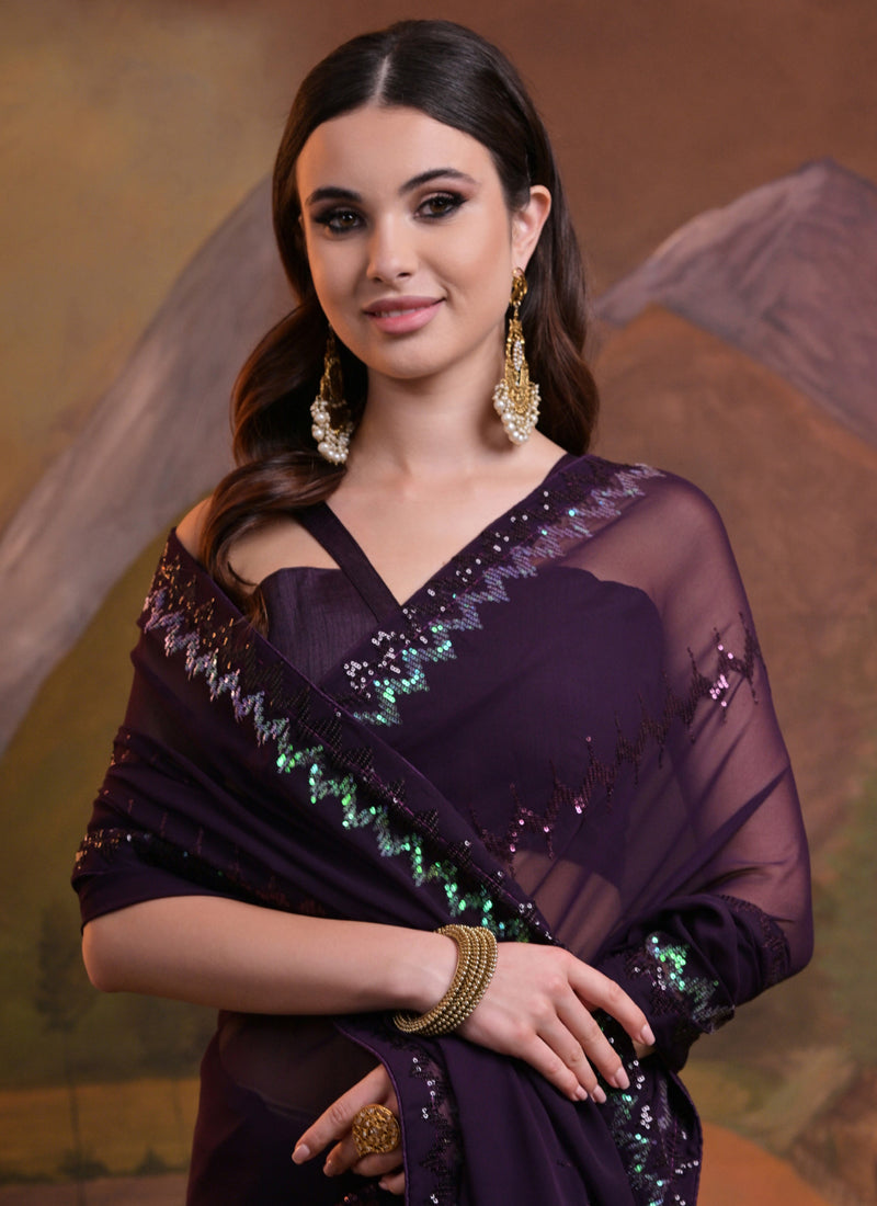 Wine Soft Georgette Sequin Embroidered Saree for Special Occasions